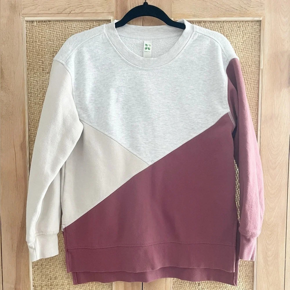 GreenTea Color Block Brick Tan Gray Side Split Sweatshirt Pullover Size Small - Picture 2 of 6